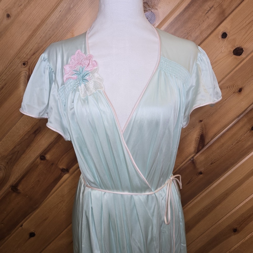 VTG VANDEMERE Teal Nylon Floral Appliqué‎ Robe Dressing Gown Sz L